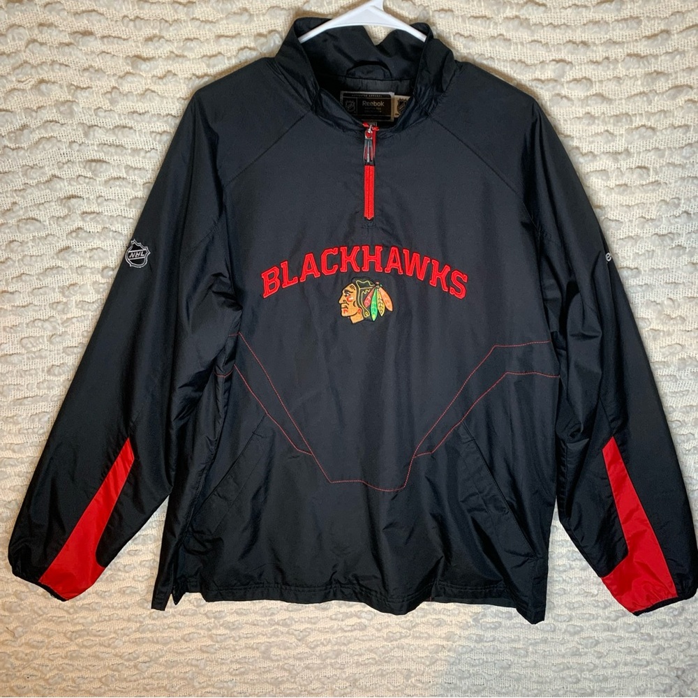 CHICAGO BLACKHAWKS NHL JACKET MENS MEDIUM‎ WINDBREAKER BLACK RED ¼ ZIP PULLOVER
